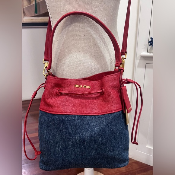 MIU MIU Denim And Leather Tote And Crossbody Bag - Picture 15 of 15